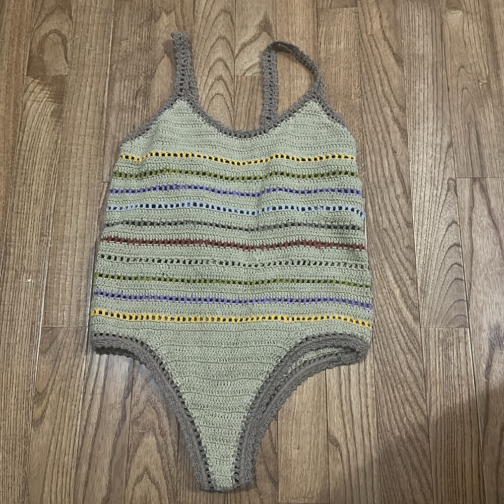 SHE MADE ME Rahi Crochet One Piece Swimsuit Taupe Brown Size Small NWOT - Picture 4 of 8